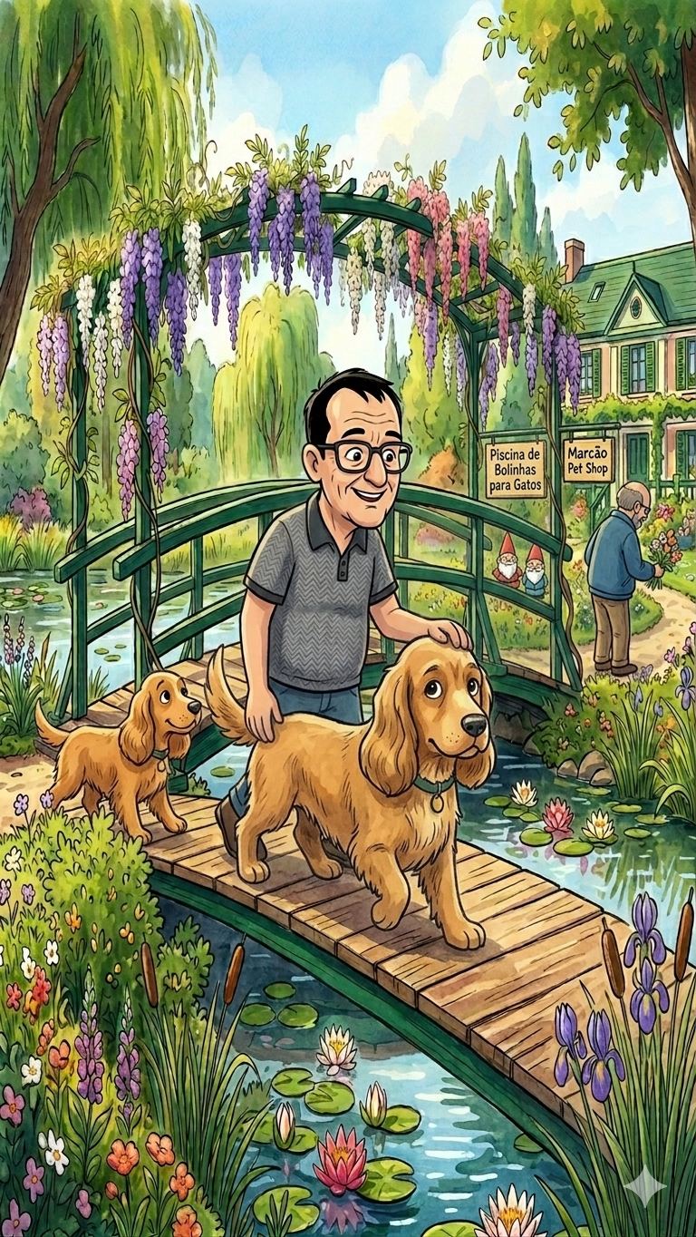 Marcão na ponte do jardim com dois cachorros golden, e ao fundo a placa do Marcão Pet Shop