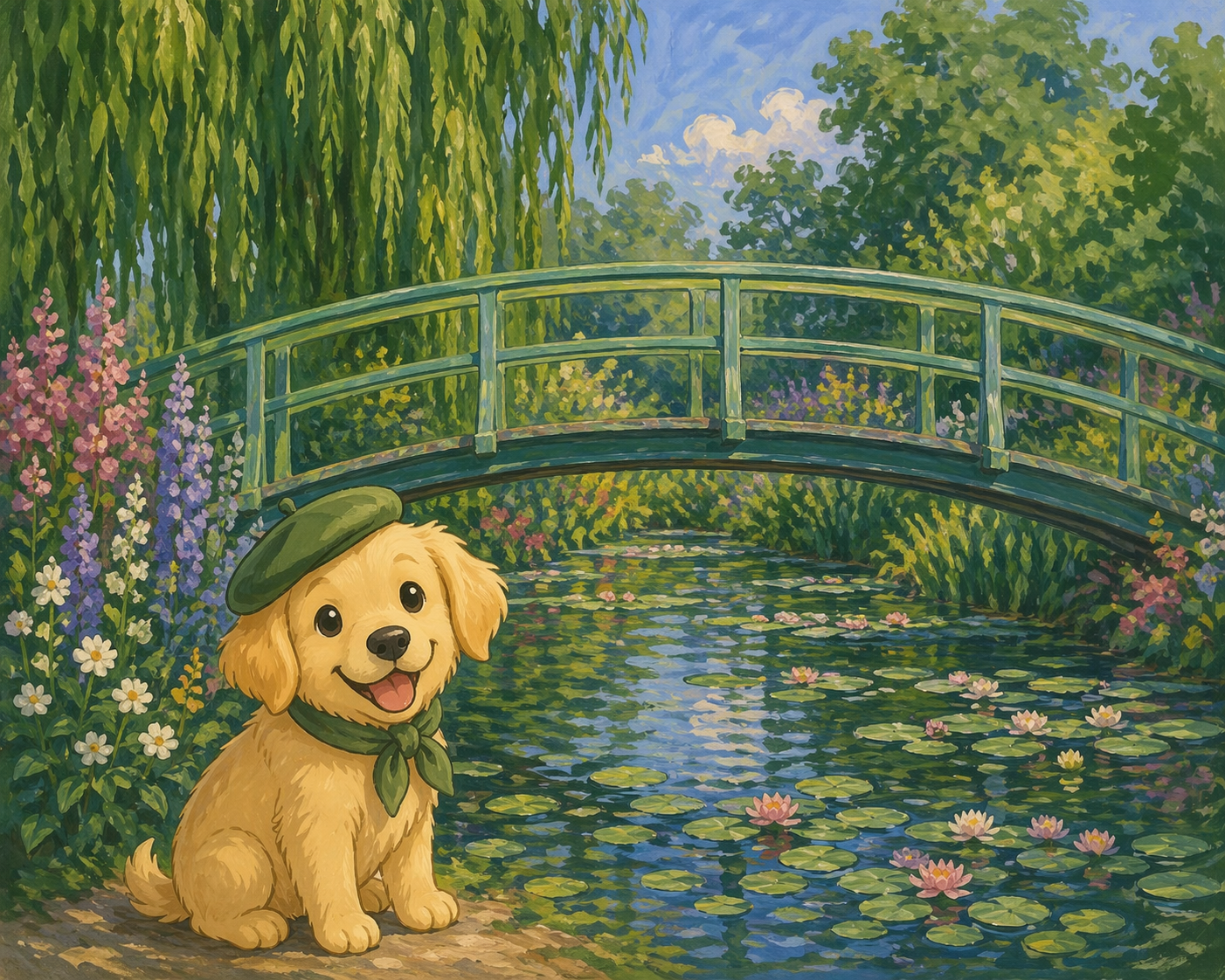 Filhote de golden retriever com boina verde em frente à ponte japonesa do jardim de Giverny